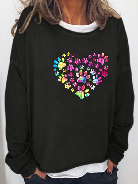 

Cat Paw Love Pattern Printed Crew Neck Sweatshirt, Black, Hoodies&Sweatshirts