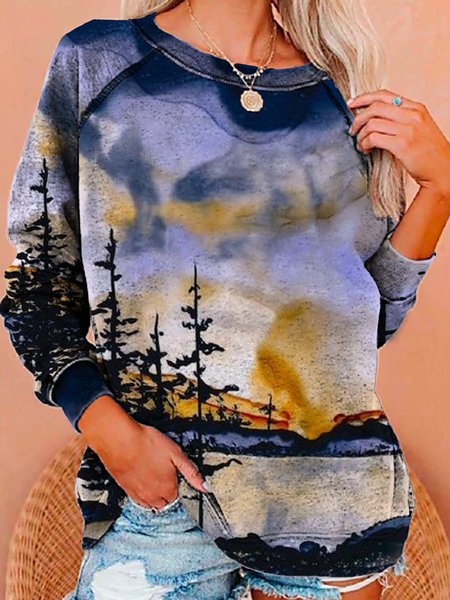 

Landscape Print Polyester Cotton Sweatshirt, As picture, Hoodies & Sweatshirts