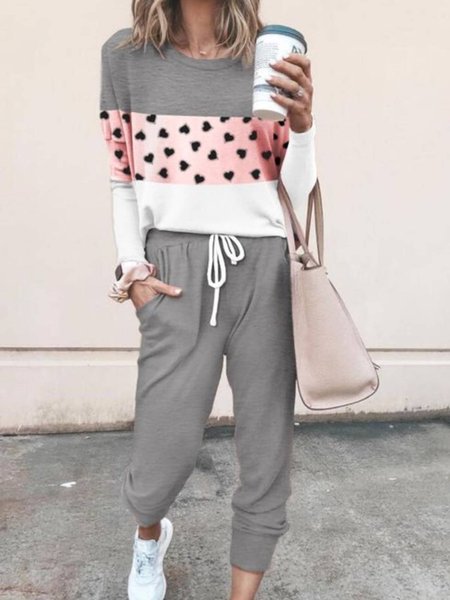 

Casual Long Sleeve Crew Neck Suits, Gray, Two-piece Outfits