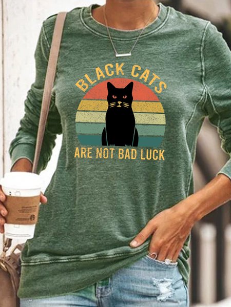 

Black Cat Print Round Neck Long Sleeve Sweatshirt, Green, Hoodies&Sweatshirts