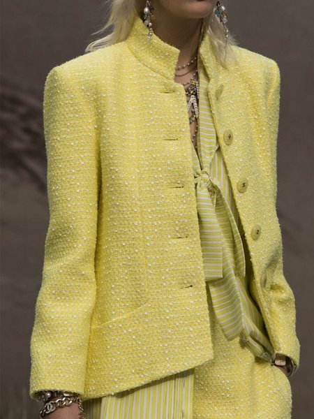 

Stand Collar Loosen Solid Lady Outerwear, Yellow, Blazers