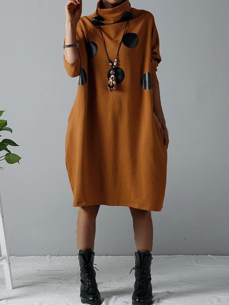 Long Sleeve Loosen Polka Dots Midi Dress, Yellow brown, Midi Dresses