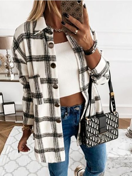 

Casual Holiday Shirt Collar Long Sleeve Plaid Shirt Jacket, Black, Jackets