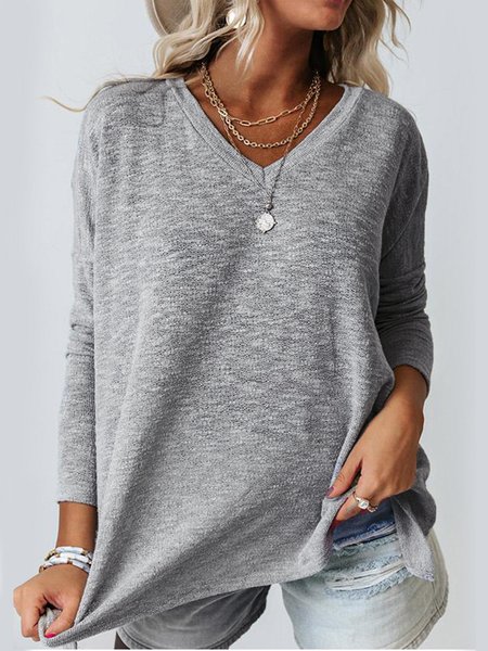 

V Neck Long Sleeve T-shirt, Gray, Tops