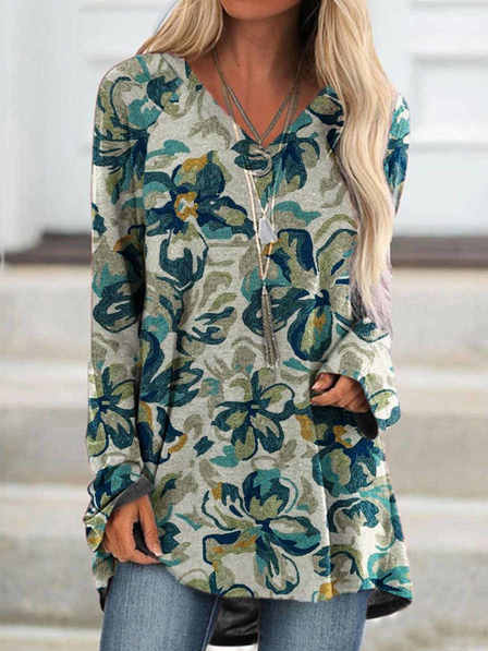 

V-neck Floral Print Loose Long-Sleeved T-Shirt, Blue, Long sleeve tops