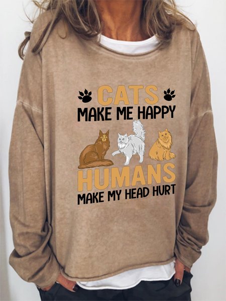 

Cat print round neck long-sleeved Sweatshirt, Brown, Hoodies&Sweatshirts