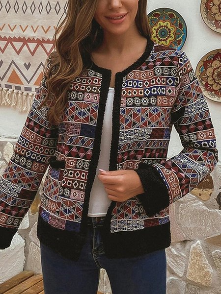 

Regular Fit Crew Neck Tribal Outerwear, As picture, Outerwear