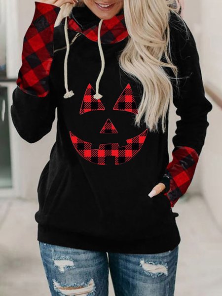 Plaid Halloween Print Patchwork Long Sleeve Hoodie Sweatershirt, Black, Hoodies & Sweatshirts