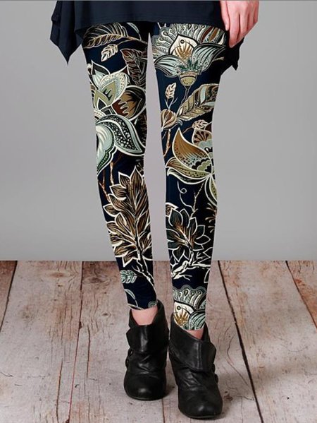 

Floral Printed Vintage Elastic Waist Skinny Leggings, Black, Leggings