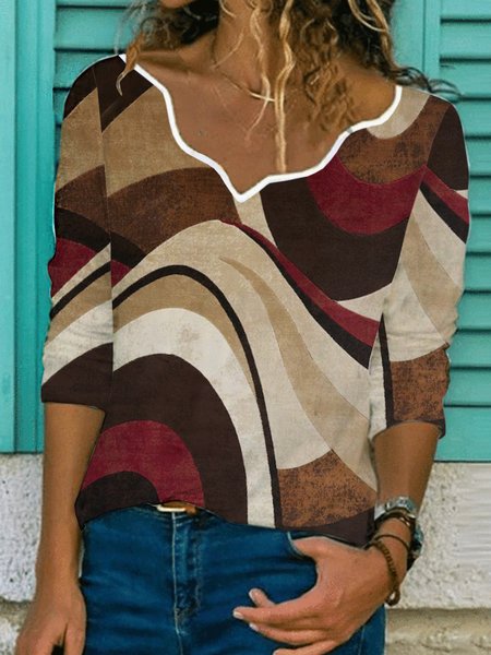 

Long sleeve notched collar geometric abstract printing elastic top T-shirt women, Coffee, Long sleeve tops