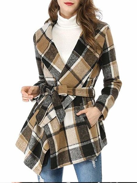 

Long Sleeve Vintage Grid Lapel Outerwear, Yellow brown, Coats