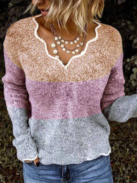 

V-Neck Color Matching Loose Casual Shirts & Tops, Multicolor, Long sleeve tops
