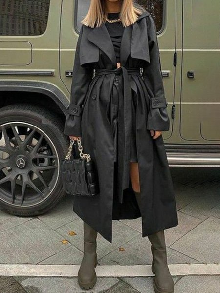 

Long Sleeve Plain Flat Collar Outerwear, Black, Coats