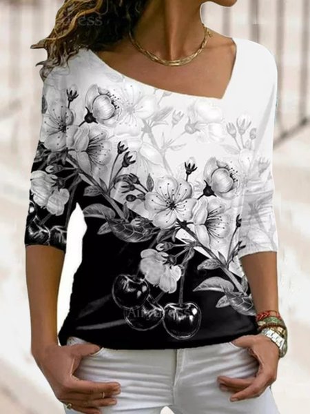 

Loosen Casual Floral Shirts & Tops, Black-white, Long sleeve tops