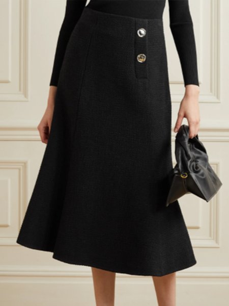 

Regular Fit Elegant Solid Skirt, Black, Midi Skirts