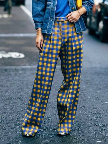 

Regular Fit Grid Daily Pants, Blue, Wide Leg Pants