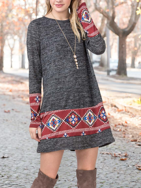 

Retro A-type dress with ethnic pattern, Gray, Boho dresses