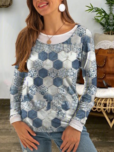 

Crew Neck Tribal Loosen Vintage Shirts & Tops, Gray, Tops