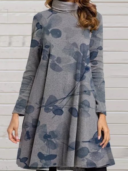 

Long sleeve high neck printed knitted dress, Light gray, Casual Dresses