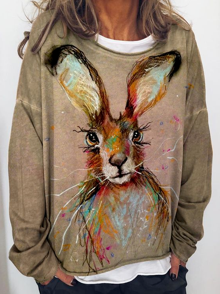 

Fake Two Pieces Casual Animal Loosen Shirts & Tops, Khaki, Long sleeve tops