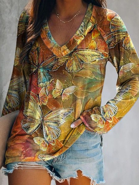 

Farfalla Stampato Casuale Allentare Scollo a V Top, Come immagine, T-Shirts