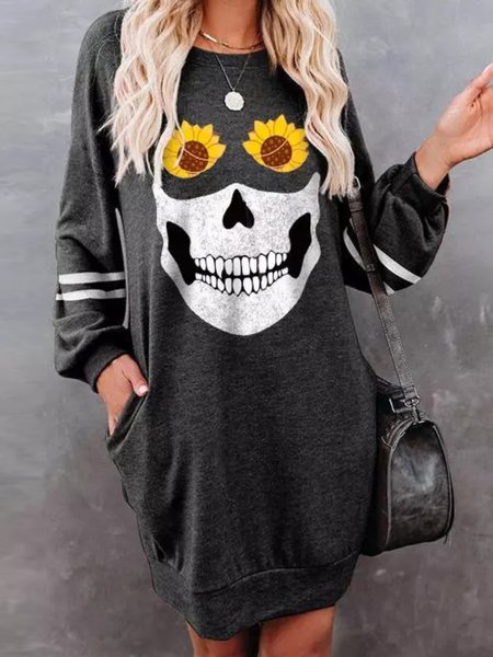 

Casual Long Sleeve Crew Neck Printed Dresses, Deep gray, Mini Dresses