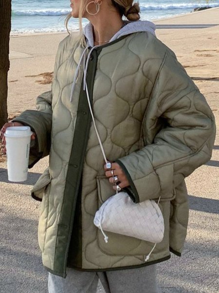 

Solid Crew Neck Loosen Outerwear, Green, Coats