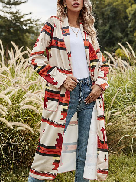 

Comfortable long cardigan with ethnic geometric pattern printing, Apricot, Cardigans
