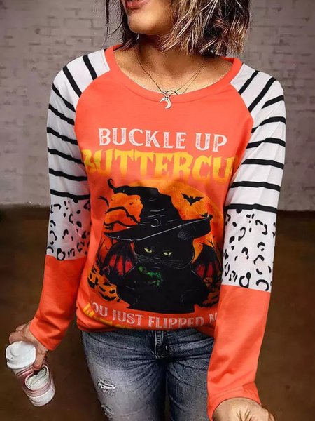 

Casual Long Sleeve Crew Neck Printed Top, As picture, T-Shirts