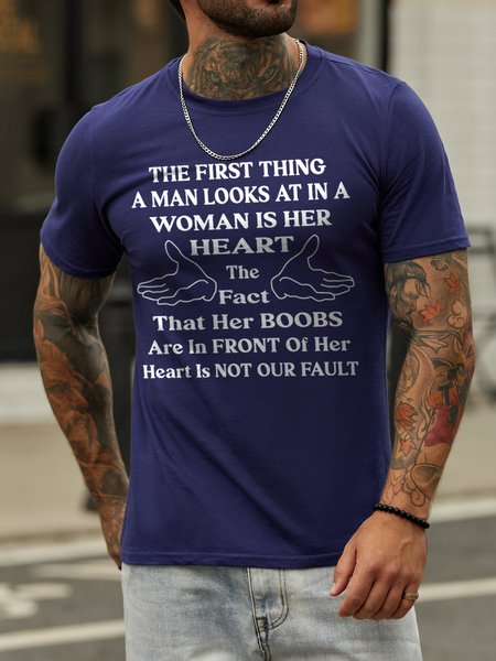 

The First Thing Man Looks At In Woman Crew Neck Short Sleeve Letter Shirt & Top, Deep blue, T-shirts