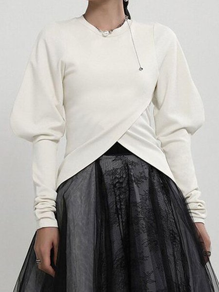 

Crew Neck Casual Solid White Top, Tops