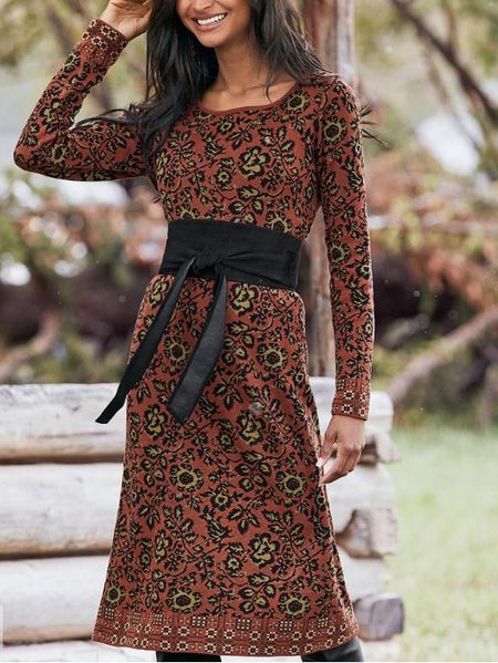 

Crew Neck Pastoral Dresses, Light brown, Midi Dresses
