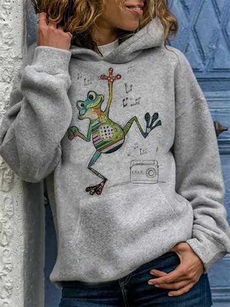 

Music Frog Print Casual Long Sleeve Hooded Sweatshirt, Gray, Hoodies & Sweatshirts