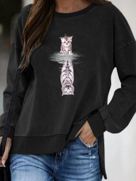 

Cat Print Crew Neck Sweatshirt, Black, Hoodies&Sweatshirts