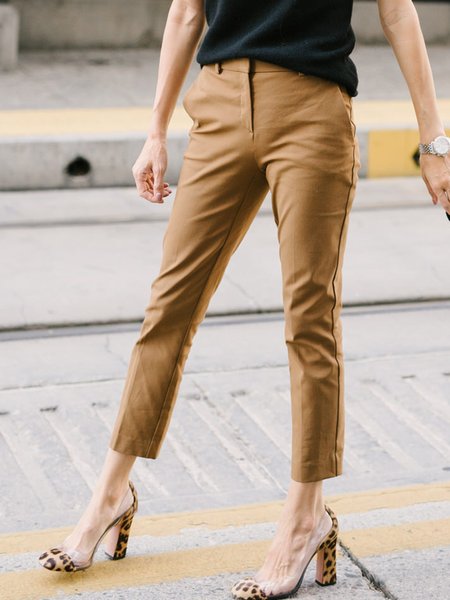 

Elegant Solid Regular fit Long Pants, Yellow brown, Straight Leg Pants