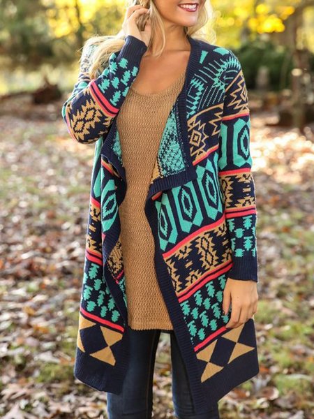 

Long Sleeve Geometric Printed Outerwear, As picture, Cardigans