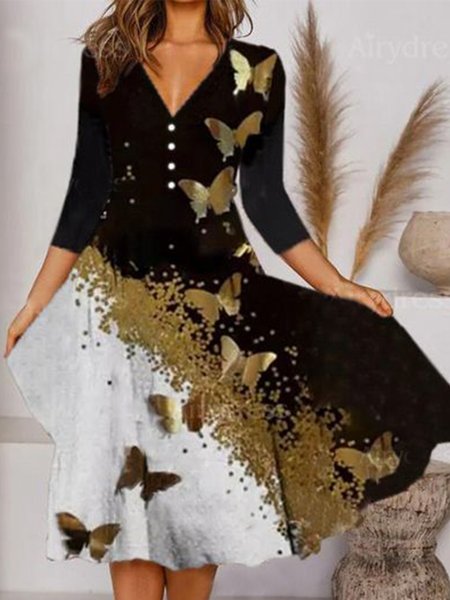 

Butterfly Buttoned Elegant Swing Dresses, Black, Tie dye dress