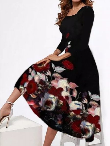 

Regular Fit Floral Elegant Knitting Dress, Black, Maxi Dresses