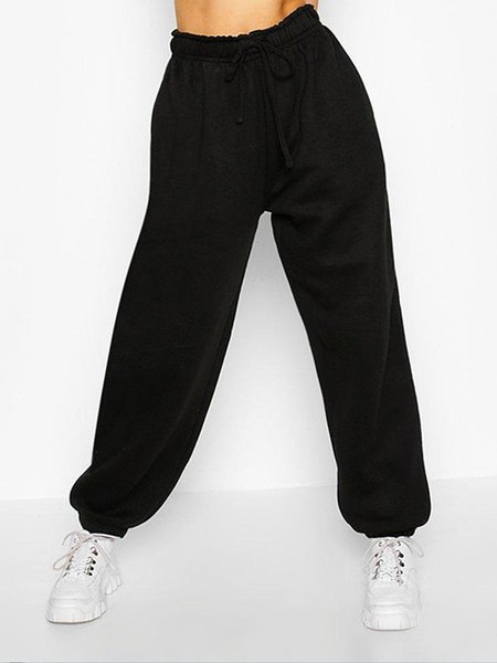 

Loosen Casual Mid Waist Pants, Black, Pants