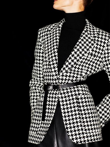 

Regular Fit Houndstooth Lapel Lady Outerwear, Black-white, Blazers