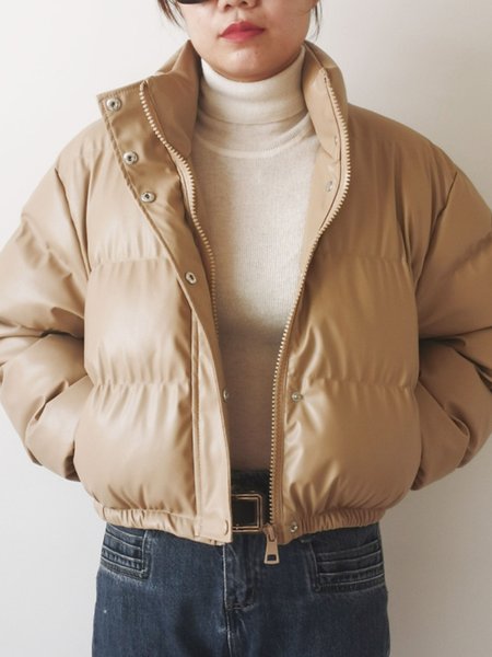 

Long Sleeve Stand Collar Casual Outerwear, Khaki, Coats