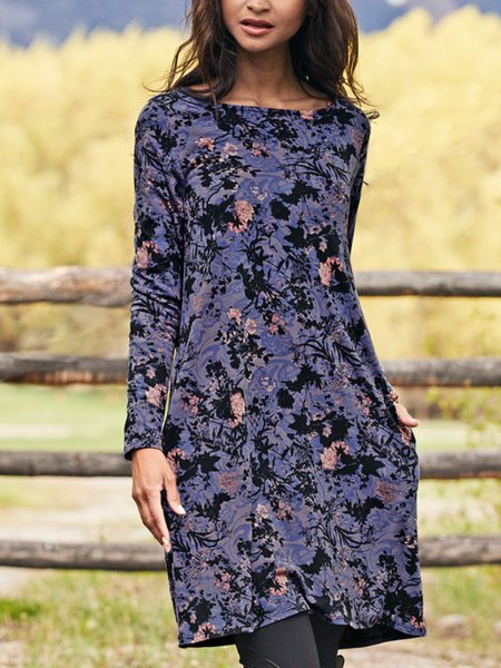 

Casuale Maniche Lunghe Girocollo taglia grande Stampato Abito, Blu, Midi Dresses