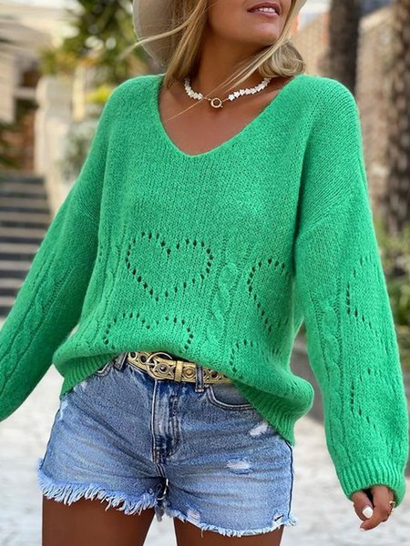 

Plain Casual V neck Green Sweater, Knitwear & Sweaters