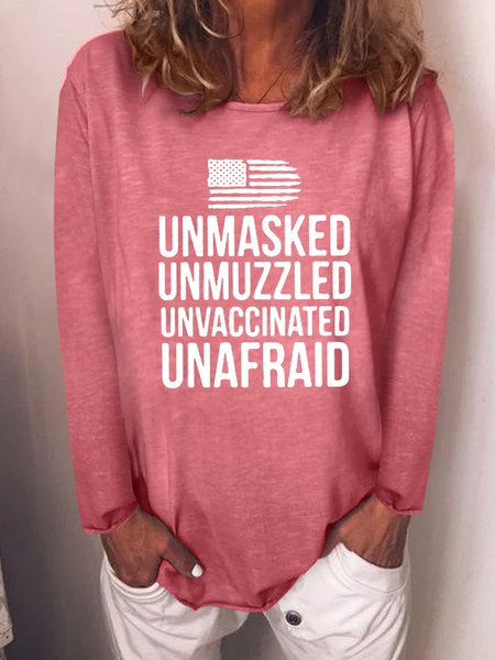 Unmasked Unmuzzled Unvaccinated Unafraid Letter Round Neck Sweatshirt, Red, Hoodies&Sweatshirts