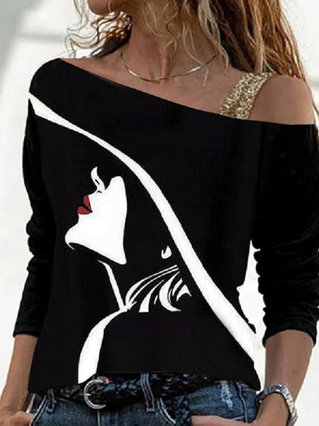 

Allentare Cotone Le persone Top, Nero bianco, T-Shirts