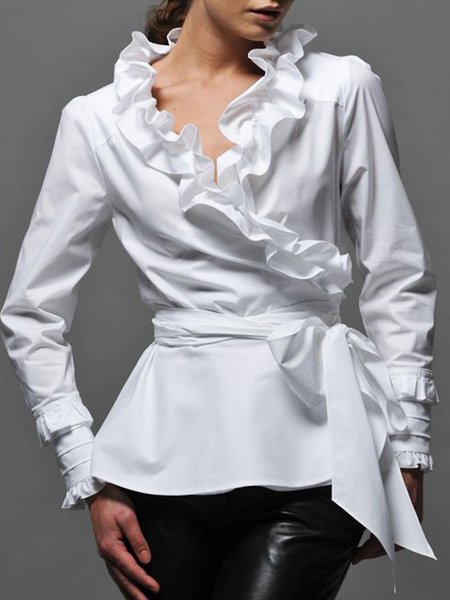 

Long Sleeve Elegant Regular Fit Solid Top, White, Blouses and Shirts