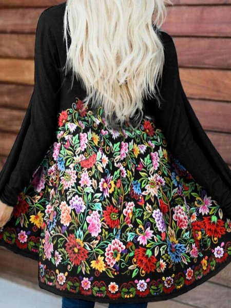 

Casual Long Sleeve Plus Size Printed Cardigan, Black, Outerwear