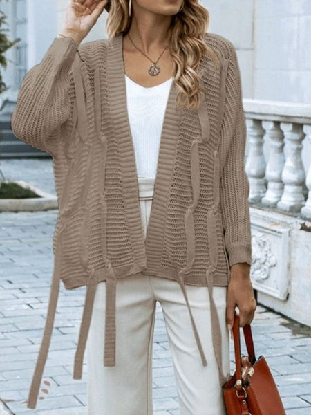 

Fall V neck Simple Slightly stretchy Mid-weight Outerwear, Khaki, Cardigans