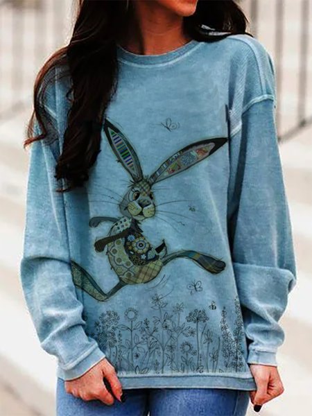 

Flowers Rabbit Printed Casual Round Neck Long Sleeve Sweatshirt, Blue, Hoodies & Sweatshirts