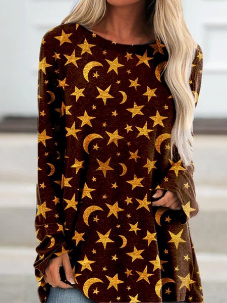 

Casual Long Sleeve Round Neck Plus Size Printed Tops T-shirts, Brown, T-Shirts